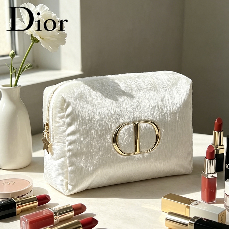 Women Fashion Logo Design - กระเป๋าดิออร์ ไวท์ เวลเวท ทราเวล คอสเมติก แบ็กกระเป๋าเก็บของจำเป็นสำหรับผู้หญิง
