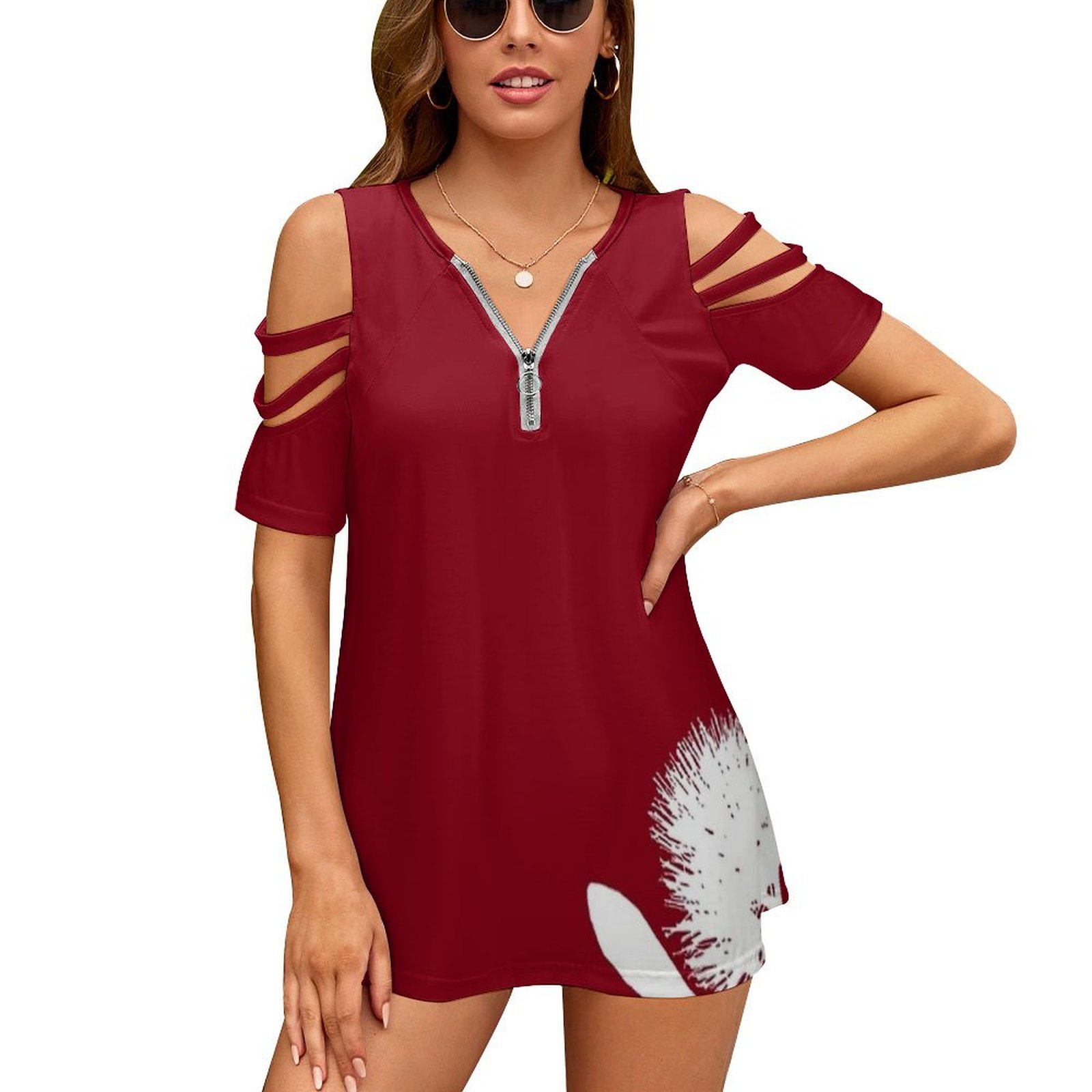 Women Fashion Nz - Pohutukawa-สีขาวบนสีแดงผู้หญิงซิปเซ็กซี่พิมพ์เสื้อ T Vintage Tops พิมพ์เสื้อยืด Pohutukawa