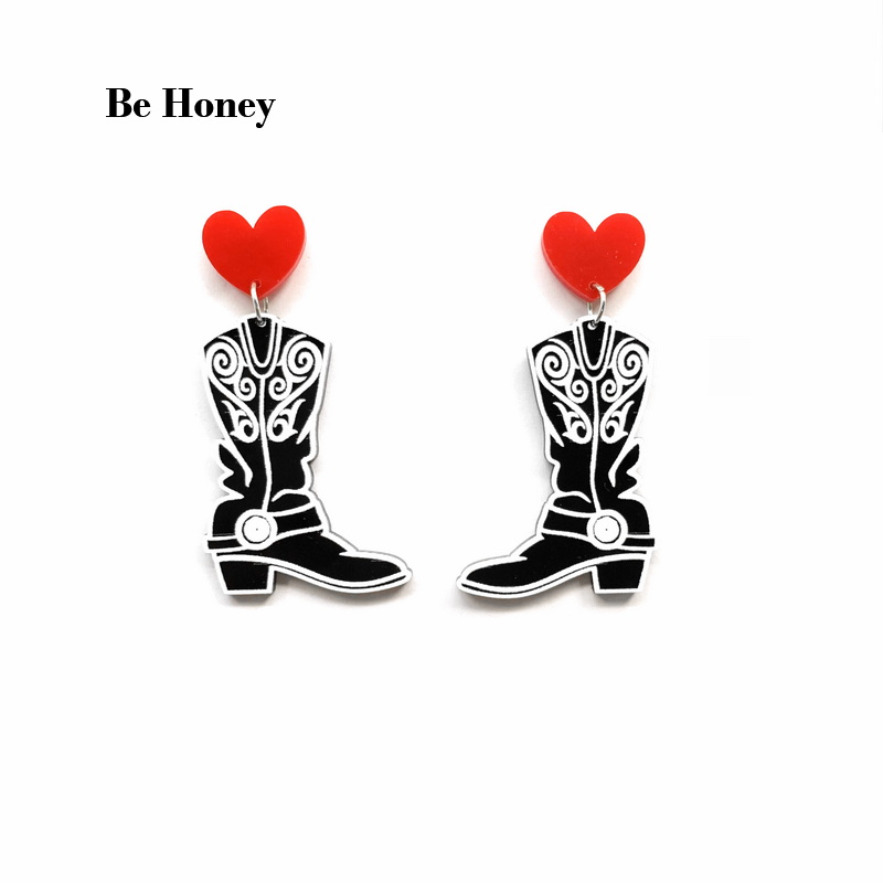 Women'S Fashion Wild West - แฟชั่นคาวบอยสีดำรองเท้าสีขาว Wild West สไตล์อะคริลิคสีแดง Heart Stud