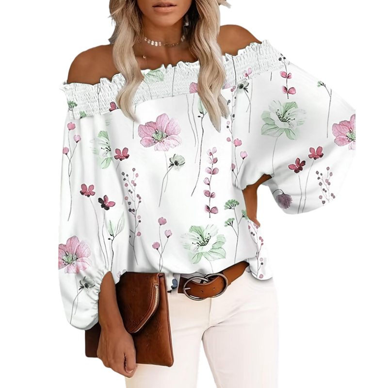 Women'S Fashion Essentials - เสื้อเบลาส์แฟชั่นไซส์ใหญ่สำหรับผู้หญิง ลายดอกไม้ แขนยาว เปิดไหล่ สไตล์ลำลอง เหมาะสำหรับใส่ไปเที่ยวทะเลในช่วงฤดูร้อน