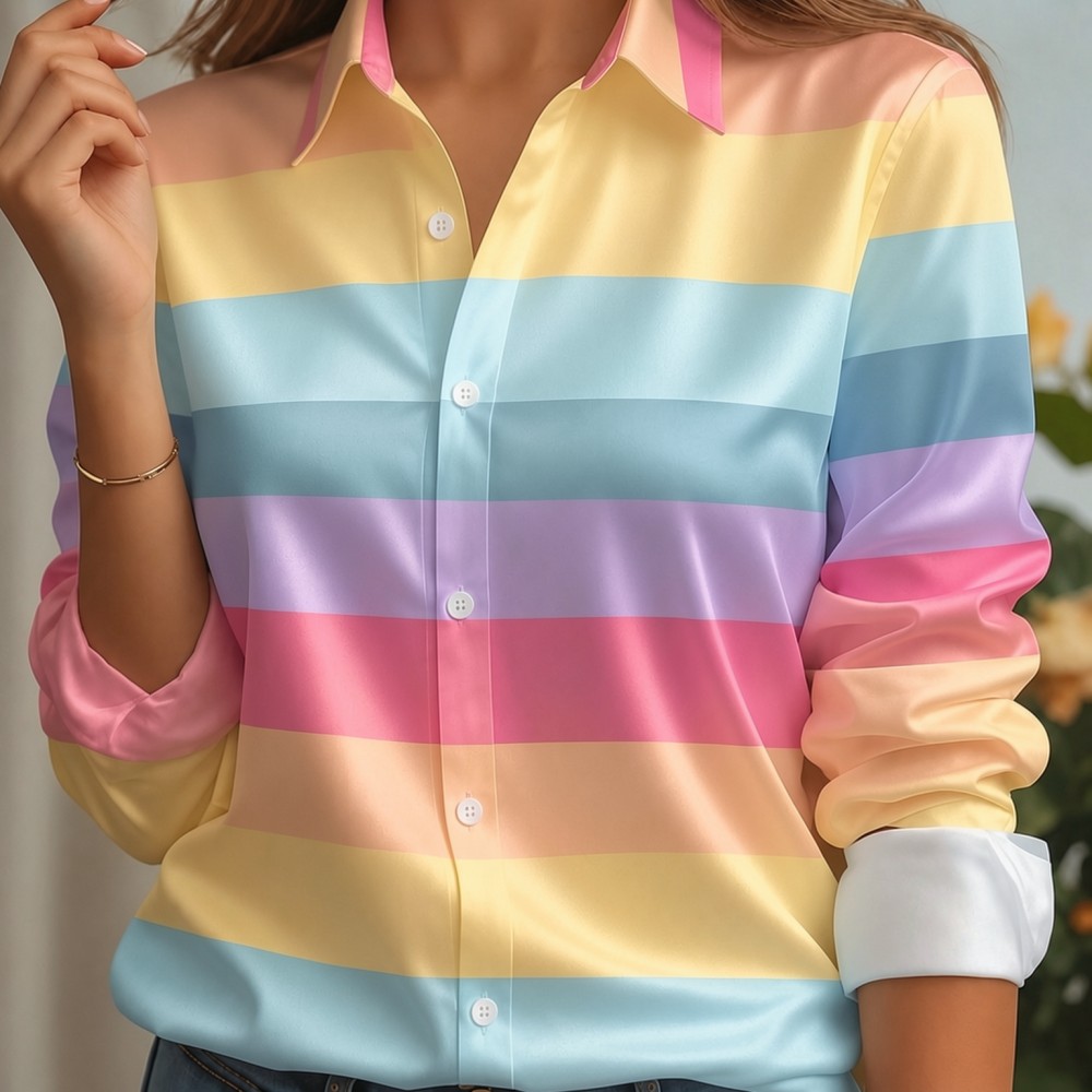 Women'S Fashion Essentials - เสื้อเชิ้ตผู้หญิง ปกผ้าซาติน ลายทางพาสเทล แขนยาว ทรงหลวม สไตล์หรูหรา