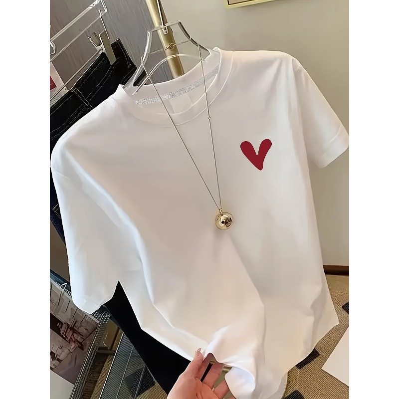 Women Fashion Logo Design - เสื้อยืดโลโก้รูปหัวใจสไตล์ Y2K ของผู้หญิงที่มีดีไซน์เรียบง่ายและคอกลม เสื้อยืดลำลองสำหรับผู้หญิงที่ทันสมัยในวันวาเลนไทน์
