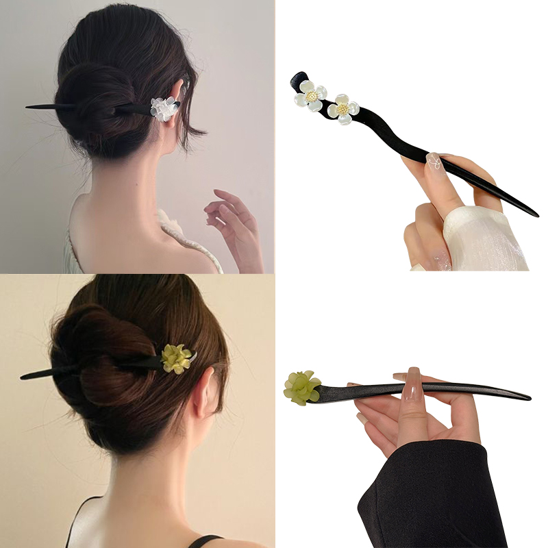 Women Fashion Hub - วินเทจสไตล์จีนไม้ดอกไม้ผม Sticks Pearl Hairpin เครื่องประดับสําหรับผู้หญิงอารมณ์อุปกรณ์เสริมผมจัดแต่งทรงผม Gif