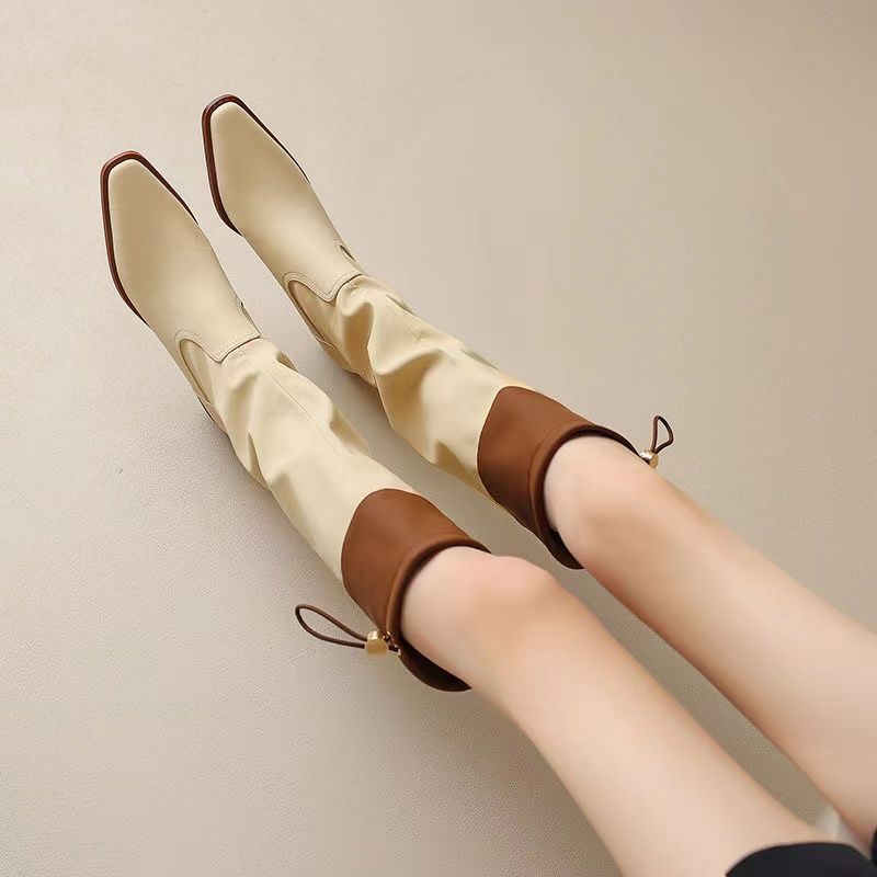 Women'S Fashion Trends 2025 - รองเท้าบูททรงเหลี่ยมสีแอปริคอทสำหรับผู้หญิง รองเท้าบูทยาวกันน้ำ แฟชั่นปี 2025 รองเท้าทำงาน ใหม่มาแรง
