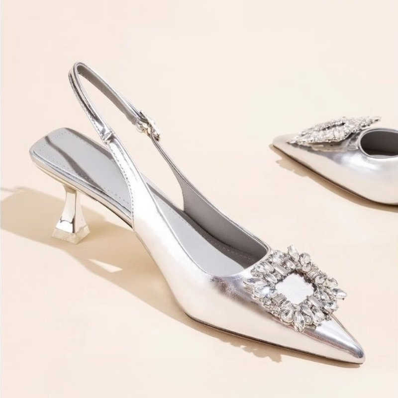Women Fashion Nova - ฤดูร้อนผู้หญิงรองเท้าแตะรองเท้าผู้หญิงใหม่ Pointed Toe Shallow Nude สีชมพูเพชรรองเท้าส้นกลับ