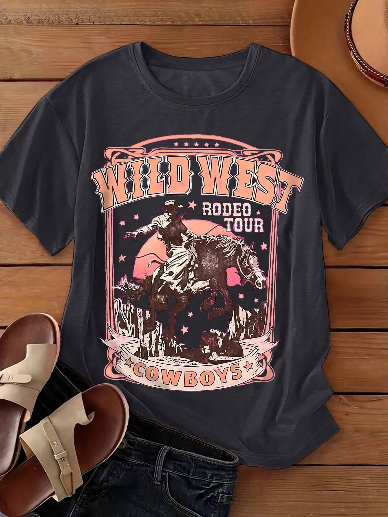 เสื้อยืดแขนสั้นคอวีทรงหลวมสำหร - Women'S Fashion Wild West บทวิจารณ์และราคา