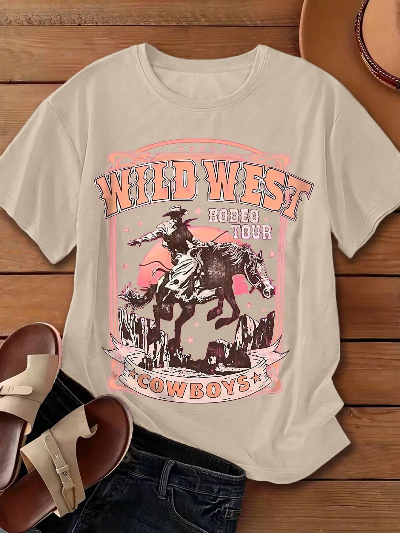 เสื้อยืดแขนสั้นคอวีทรงหลวมสำหร - Women'S Fashion Wild West บทวิจารณ์และราคา